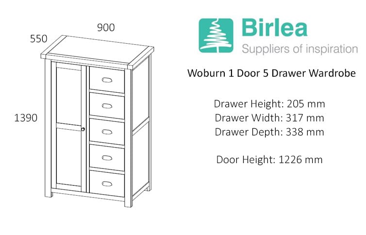 Woburn 1 Door 5 Drawer Wardrobe - Oak - Image 5