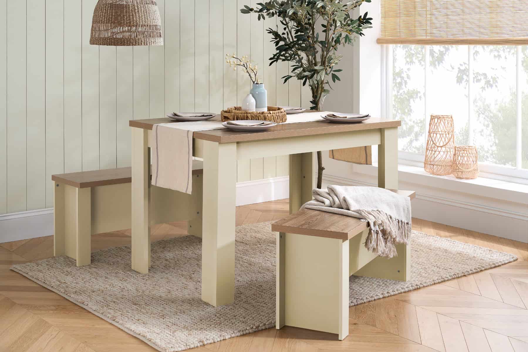 Highgate Dining Table & Bench Set - Cream & Oak | Buy Online | Beds.ie