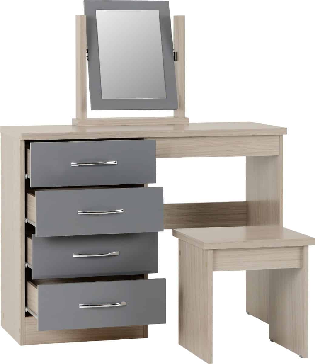 Nevada 4 Drawer Dressing Table Set - Grey Gloss & Oak - Image 2