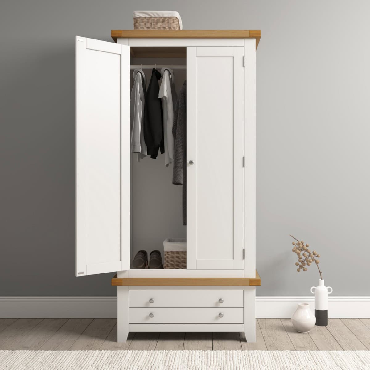 Windsor 2 Door 1 Drawer Wardrobe - Ivory & Oak | Buy Online | Beds.ie