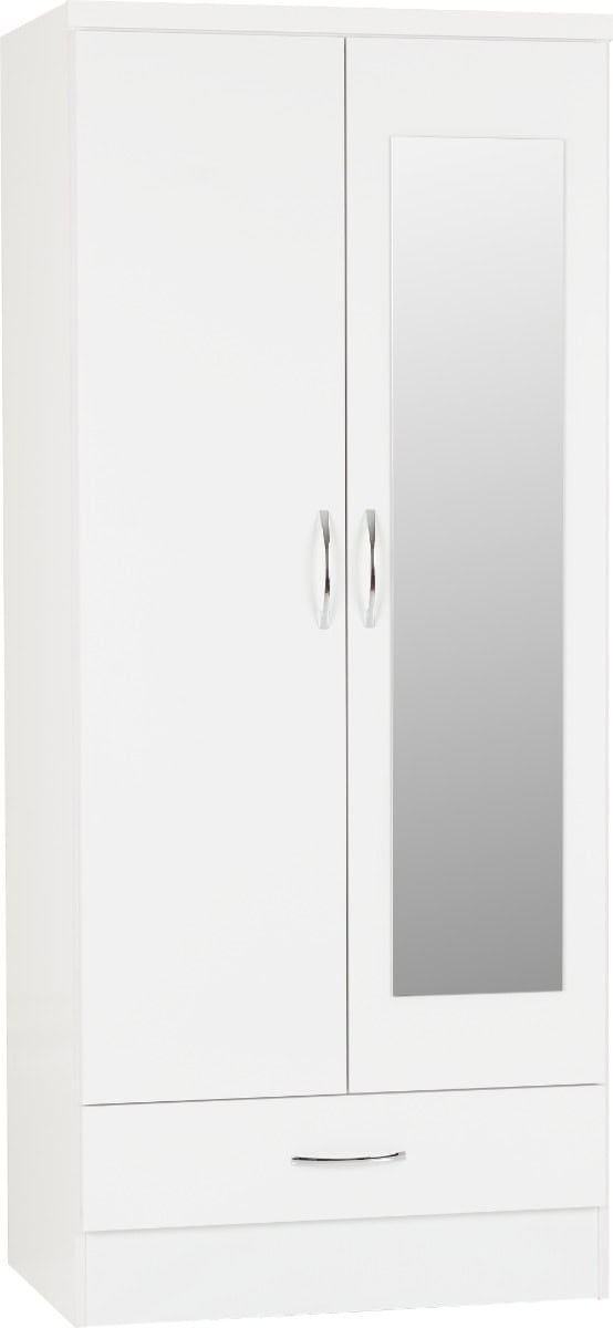 Nevada Mirrored 2 Door 1 Drawer Wardrobe - White Gloss | Buy Online | Beds.ie