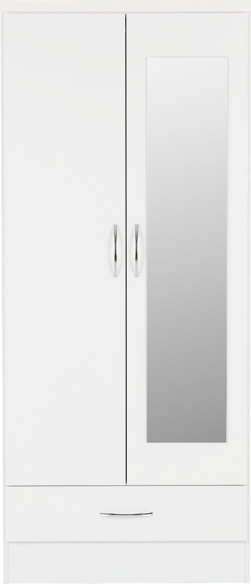 Nevada Mirrored 2 Door 1 Drawer Wardrobe - White Gloss - Image 2