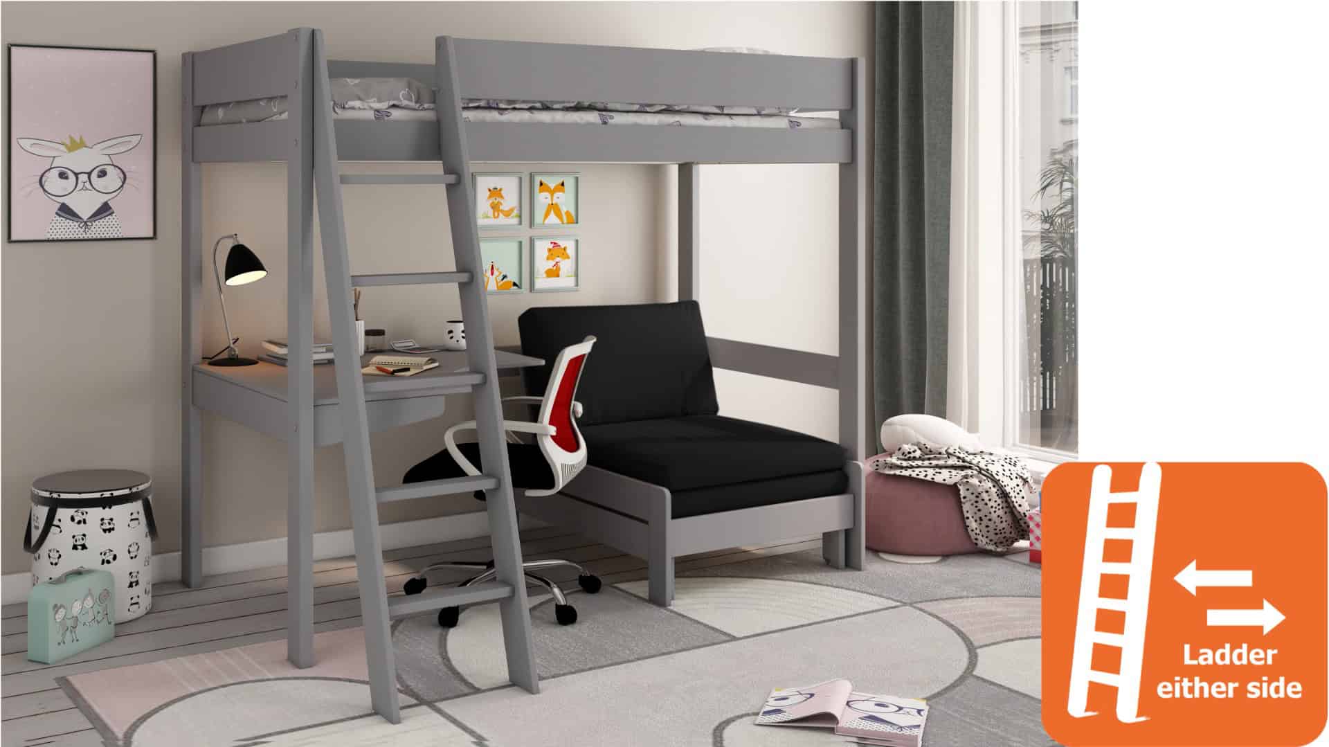 Kids Avenue Estella Grey Highsleeper with Black Sofa Bed & Desk - Image 3