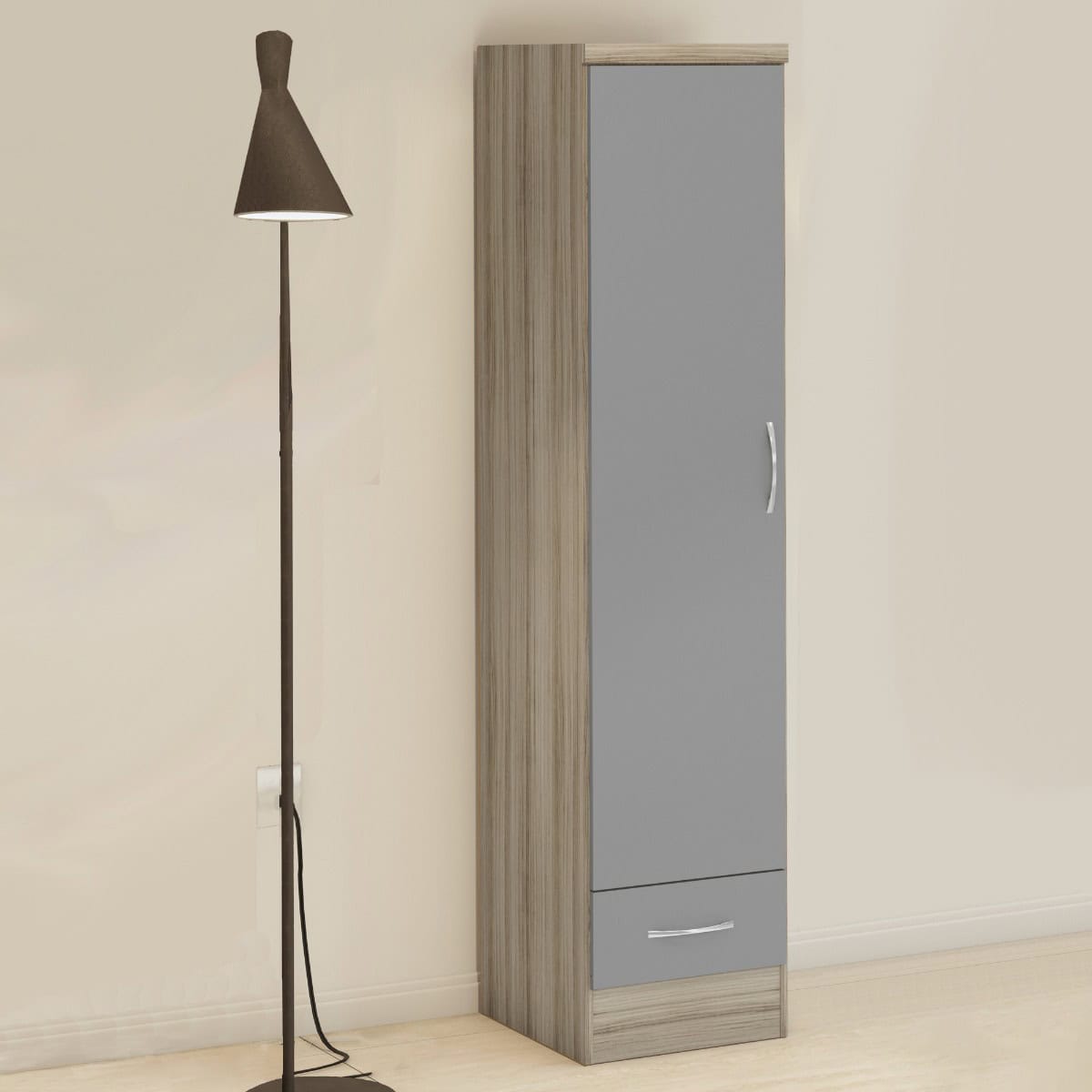 Nevada 1 Door 1 Drawer Wardrobe - Grey Gloss/Light Oak | Buy Online | Beds.ie