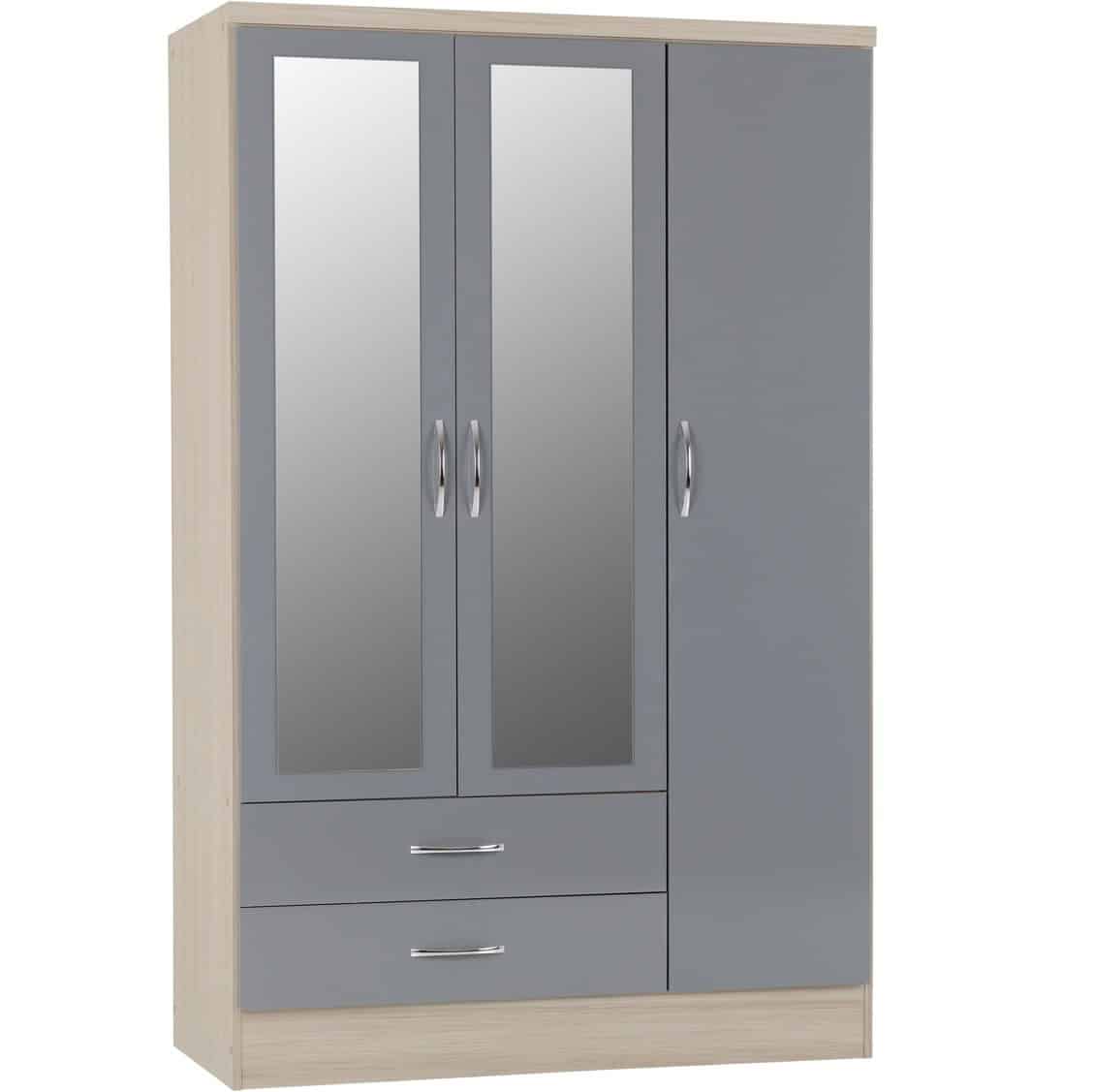 Nevada 3 Door 2 Drawer Mirrored Wardrobe - Grey & Light Oak | Buy Online | Beds.ie