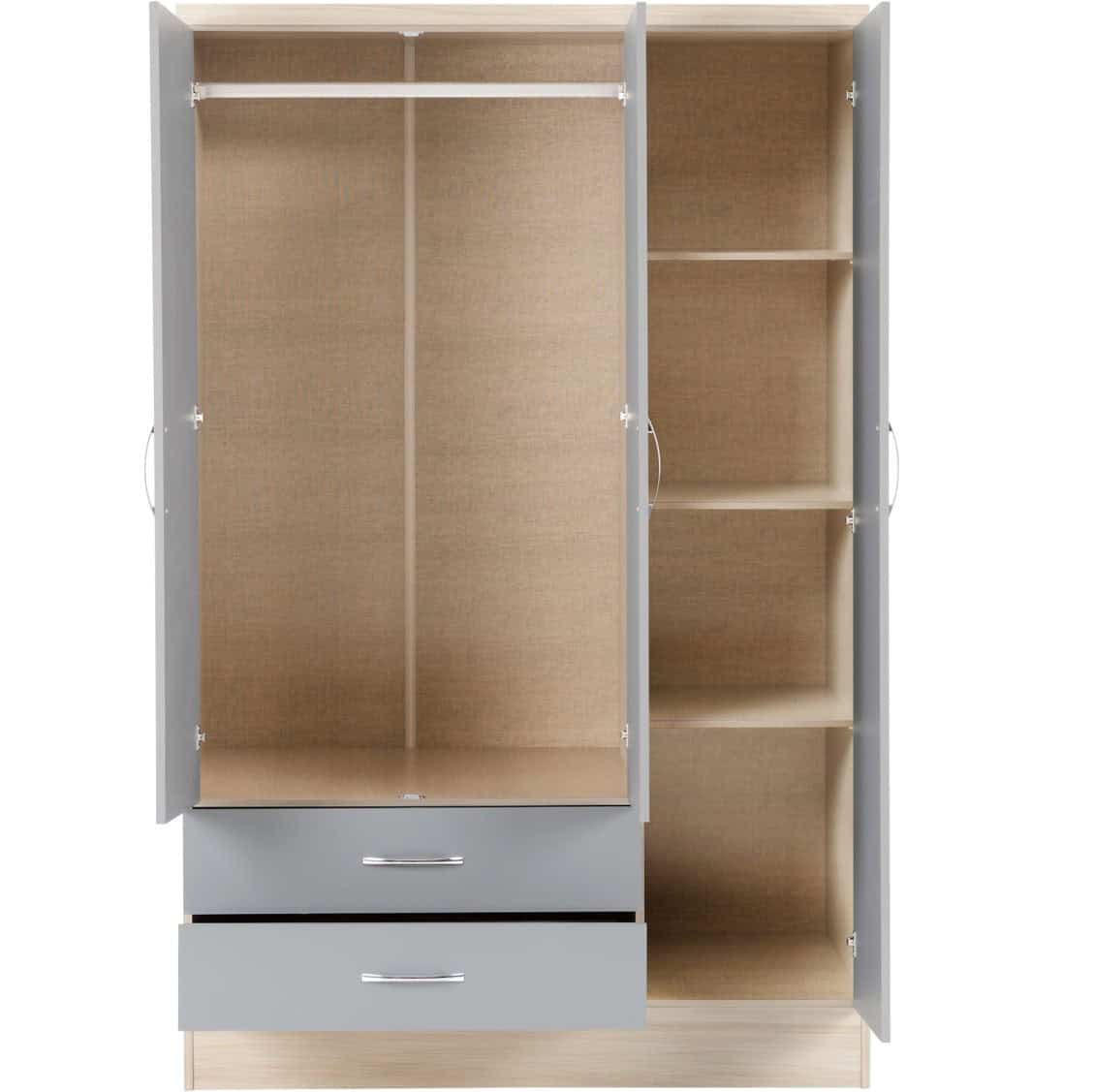 Nevada 3 Door 2 Drawer Mirrored Wardrobe - Grey & Light Oak - Image 2