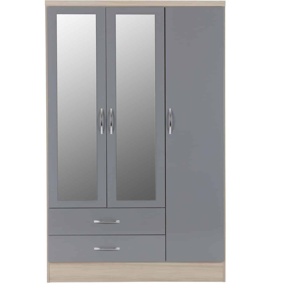 Nevada 3 Door 2 Drawer Mirrored Wardrobe - Grey & Light Oak - Image 4