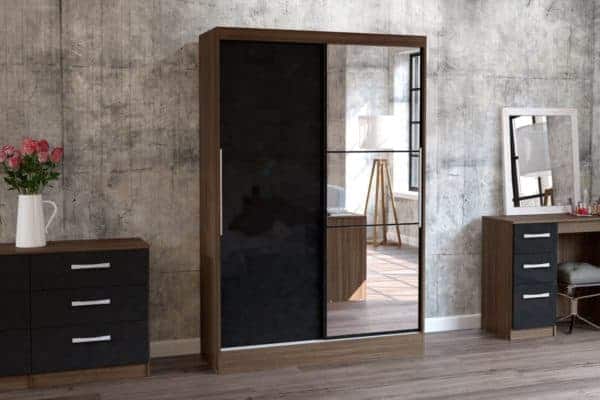 Lynx 2 Door Sliding Wardrobe With Mirror - Black & Walnut - Image 2