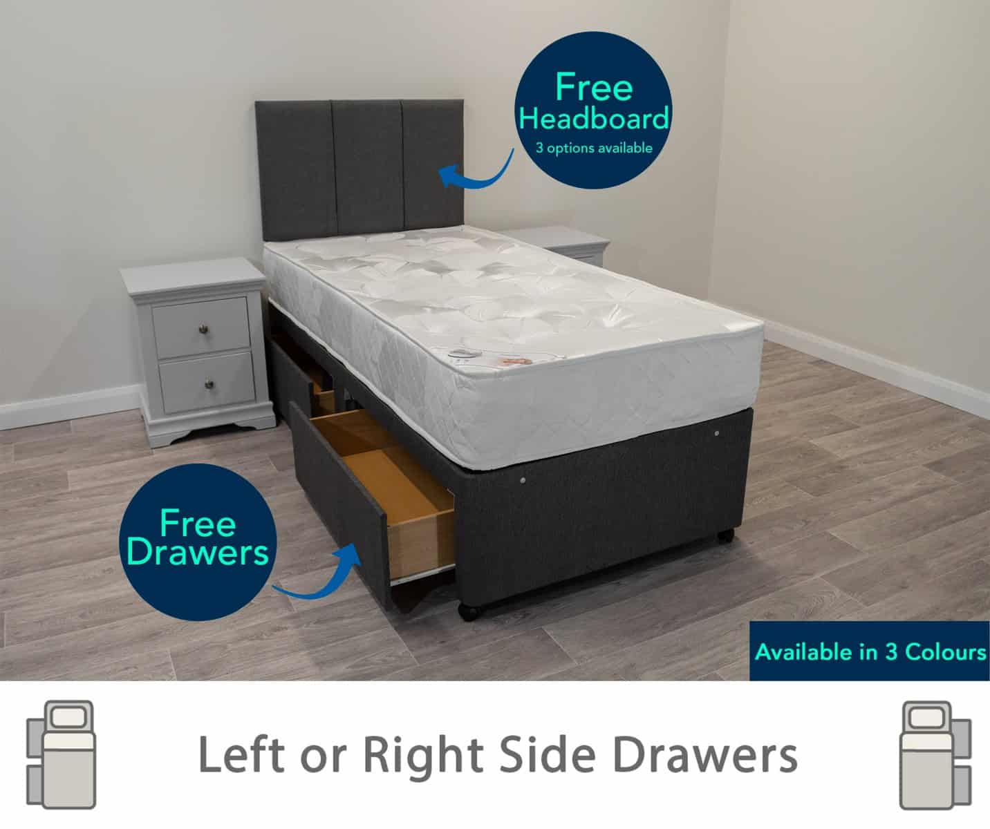 3ft Silver Dream Mattress with 2 FREE Drawers Base & Headboard - Image 4