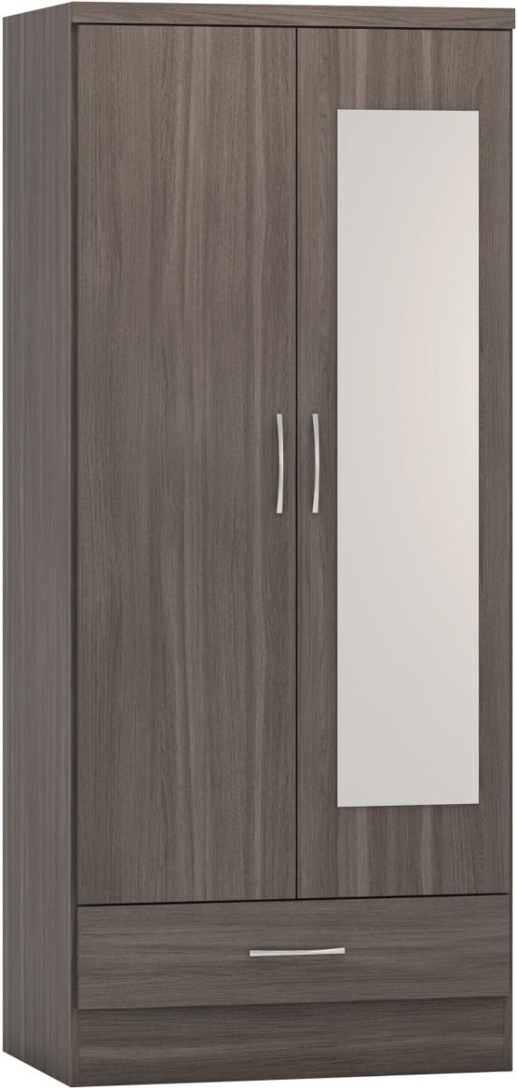 Nevada Mirrored 2 Door 1 Drawer Wardrobe - Black Wood Grain | Buy Online | Beds.ie