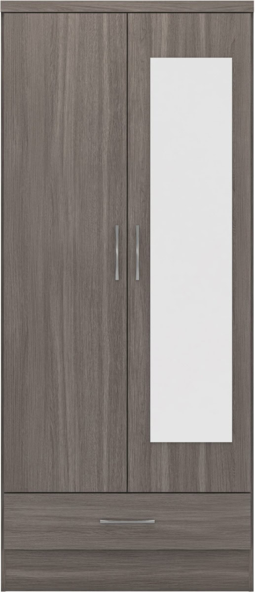Nevada Mirrored 2 Door 1 Drawer Wardrobe - Black Wood Grain - Image 2