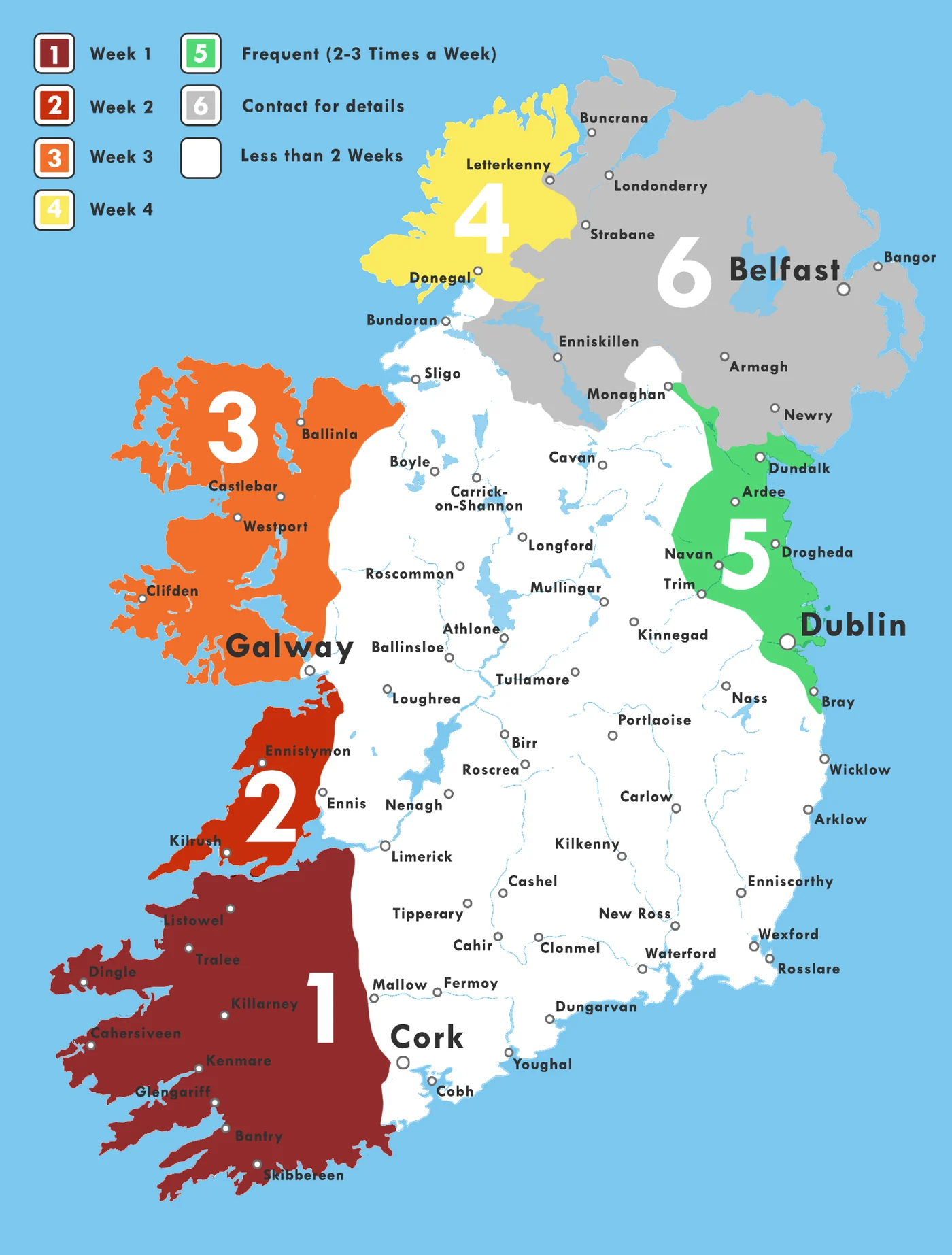 Beds.ie delivery zones across Ireland and Northern Ireland: Week 1 to Week 4 monthly areas, frequent Dublin corridor deliveries, sub-two-week midlands and south-east, and contact-for-details Northern Ireland